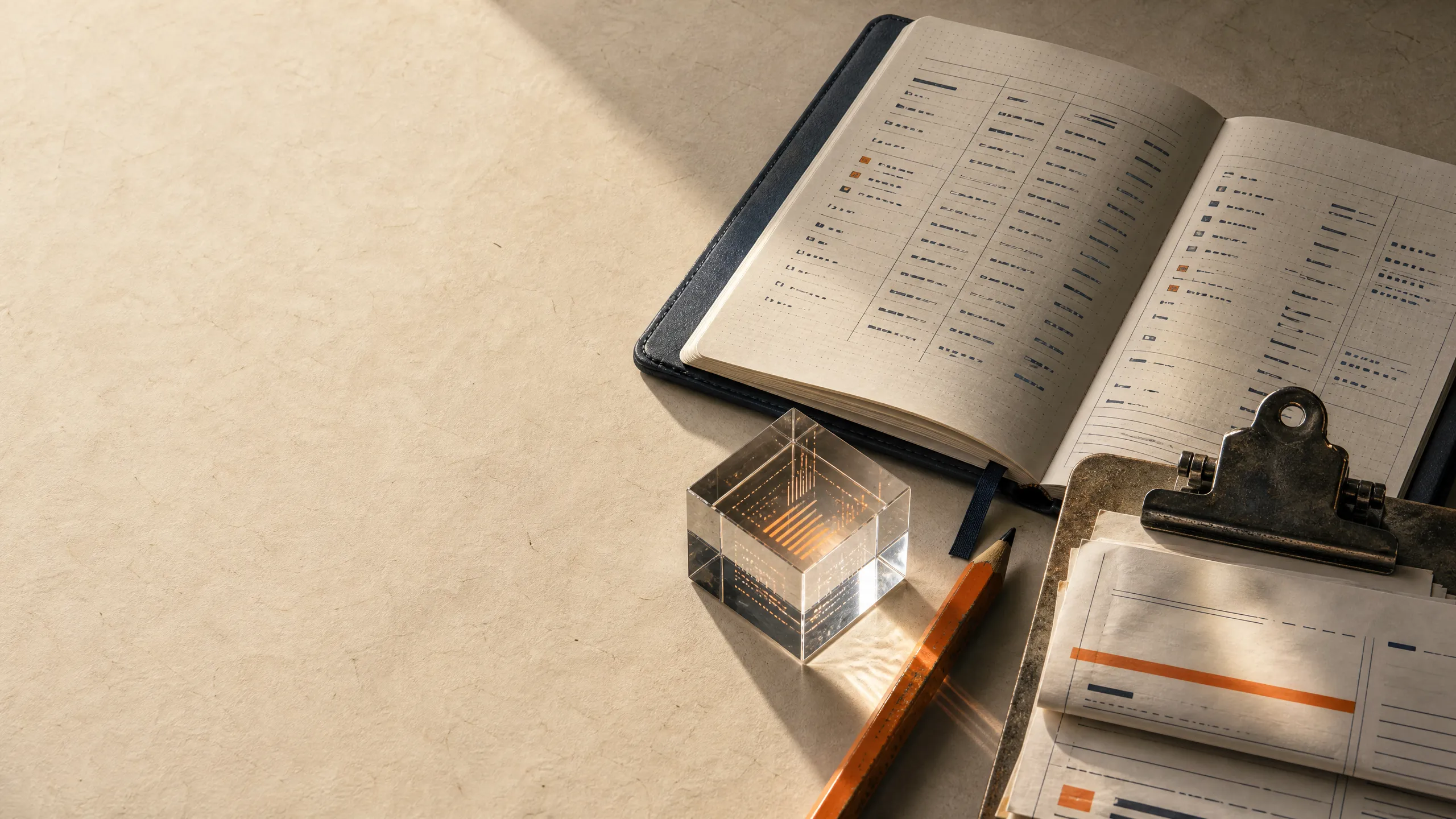 Field service software research records arranged on a desk