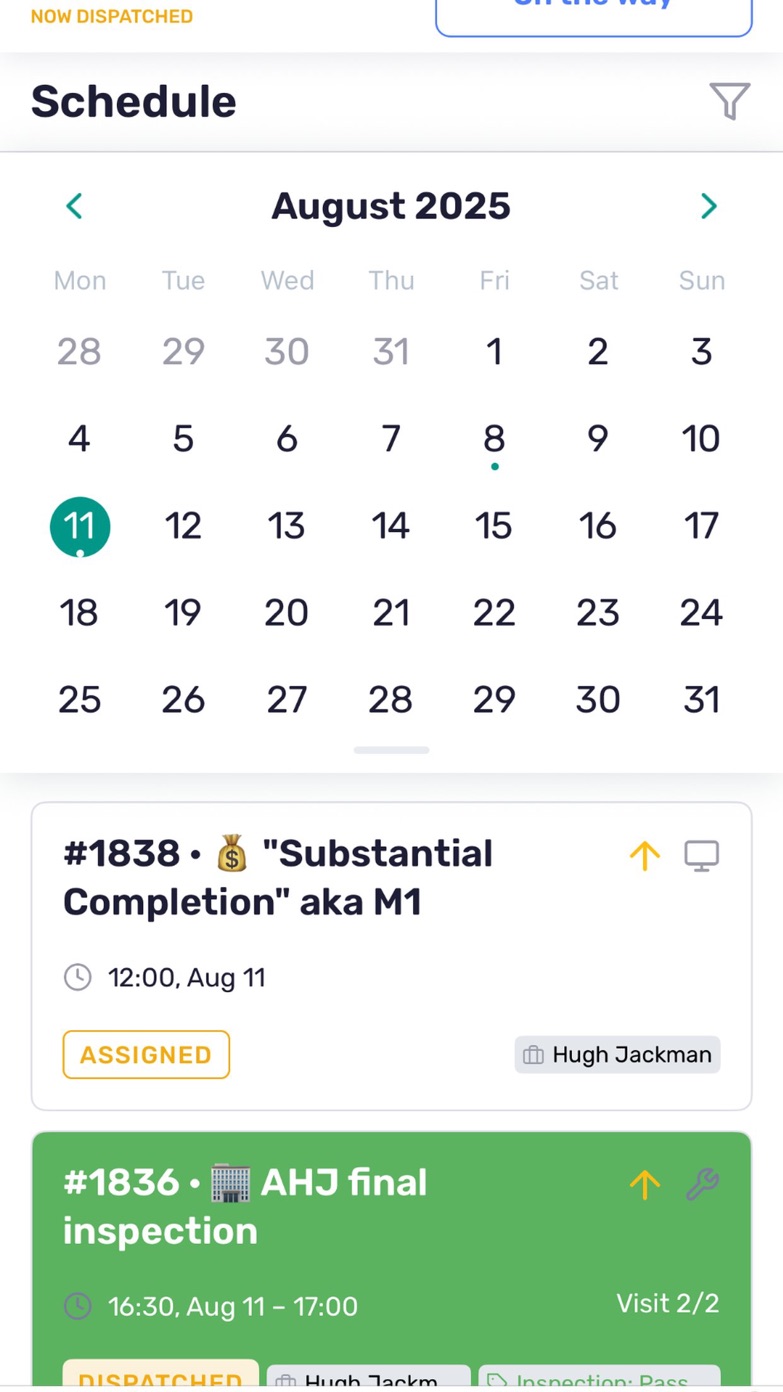 Coperniq App Store screenshot showing an August 2025 calendar and assigned and dispatched work-order cards
