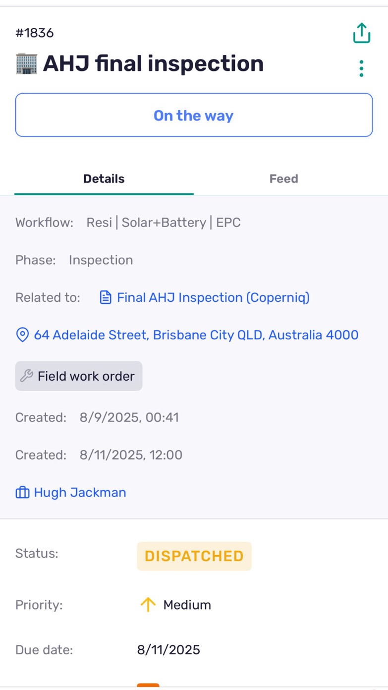 Coperniq App Store screenshot showing an AHJ inspection work order with status, phase, address, and assigned worker