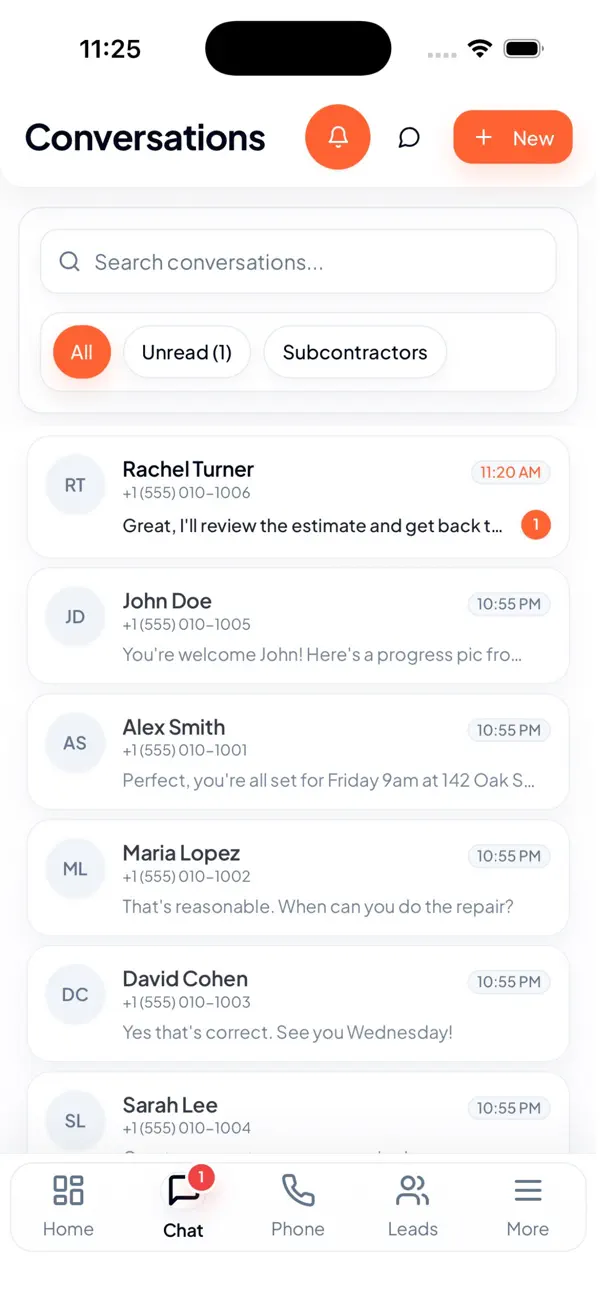 Joby CRM App Store image showing a mobile conversations inbox with search, unread filter, contact previews, and bottom navigation