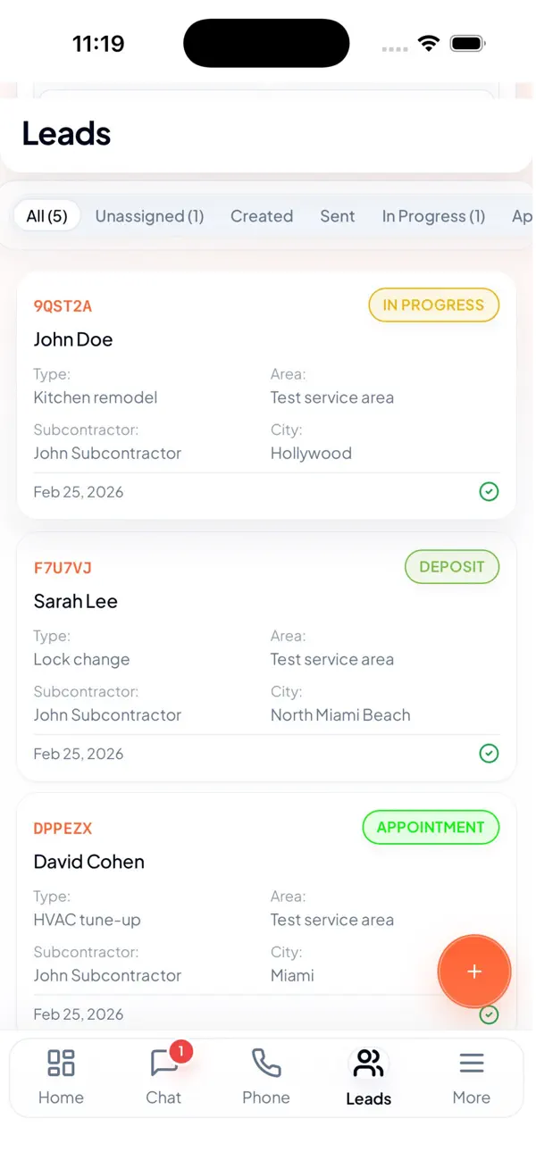 Joby CRM App Store image showing a mobile leads list with service types, statuses, locations, and bottom navigation