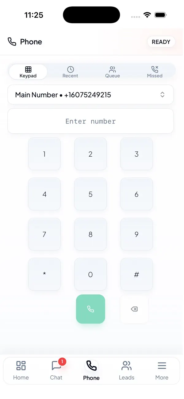 Joby CRM App Store image showing its mobile phone keypad with recent, queue, and missed-call tabs