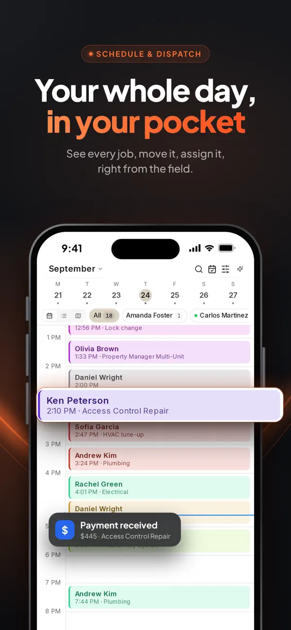 Vendor-selected Joby CRM App Store promotional image showing a mobile schedule with appointments and overlaid marketing notices