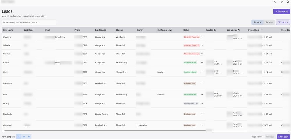 Public Menaia Leads screenshot showing search, table and map views, filters, lead sources, statuses, and dates