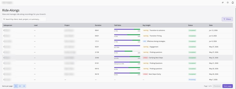 Public Menaia Ride-Alongs screenshot showing recording duration, talk ratio, key insight, status, and date