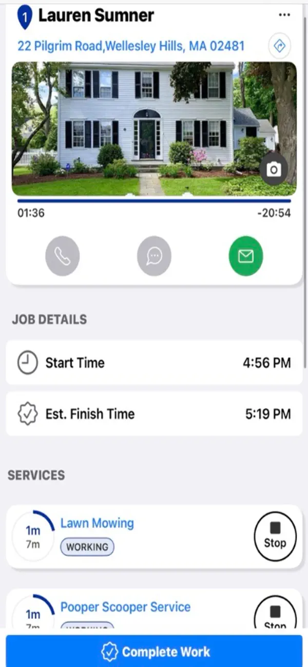 Official SA Team mobile screenshot showing a customer's property, job timing, lawn mowing and pet waste services, service timers, contact controls, and a Complete Work button