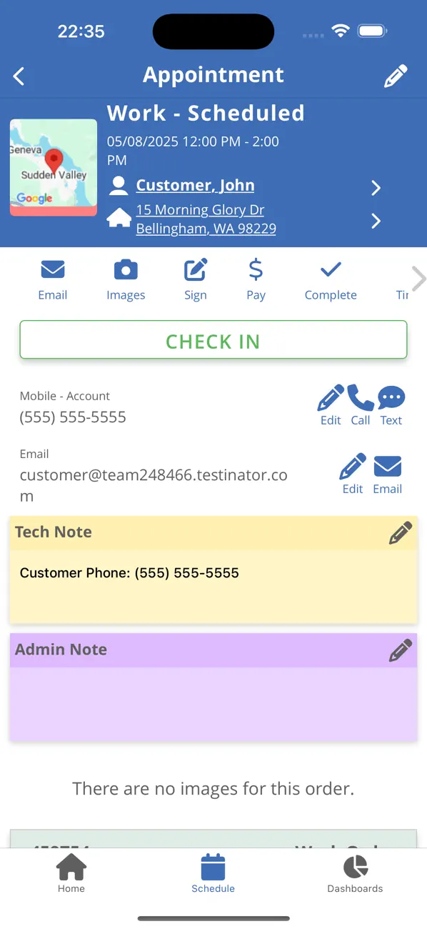 Official ServiceMonster mobile appointment screenshot showing customer and address details, check-in, email, images, signature, payment, completion, contact controls, and technician and admin notes