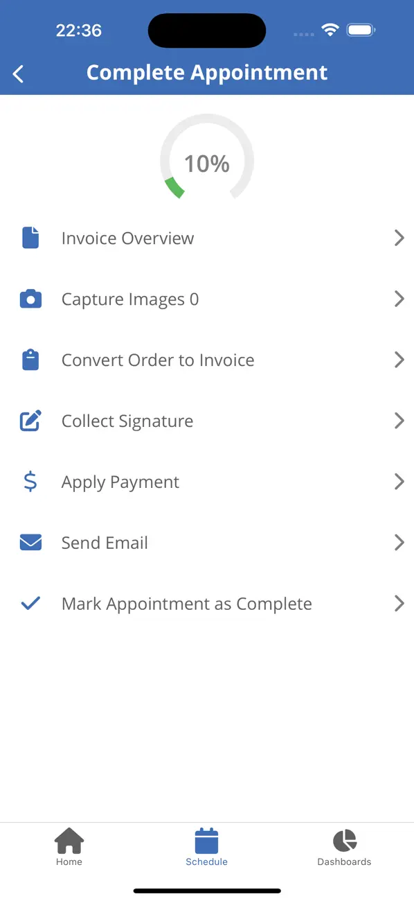 Official ServiceMonster mobile screenshot showing a Complete Appointment checklist for invoice review, image capture, invoice conversion, signature, payment, email, and final completion