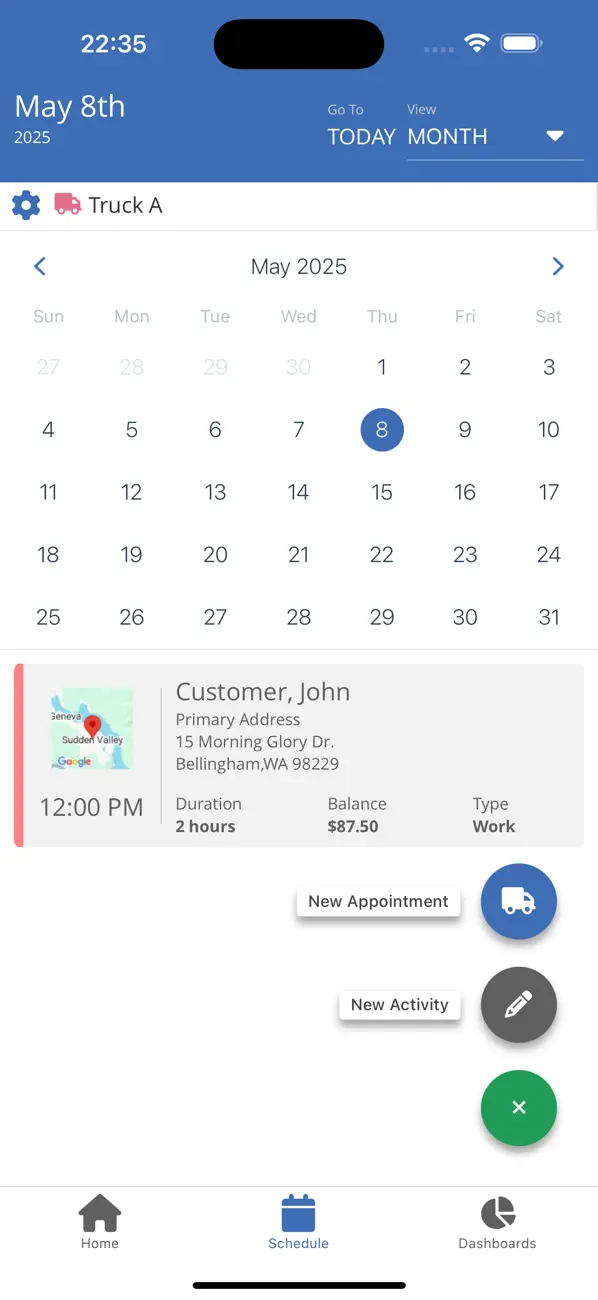 Official ServiceMonster mobile screenshot showing a monthly schedule, a technician or vehicle filter, and a customer appointment card with time, duration, balance, and work type