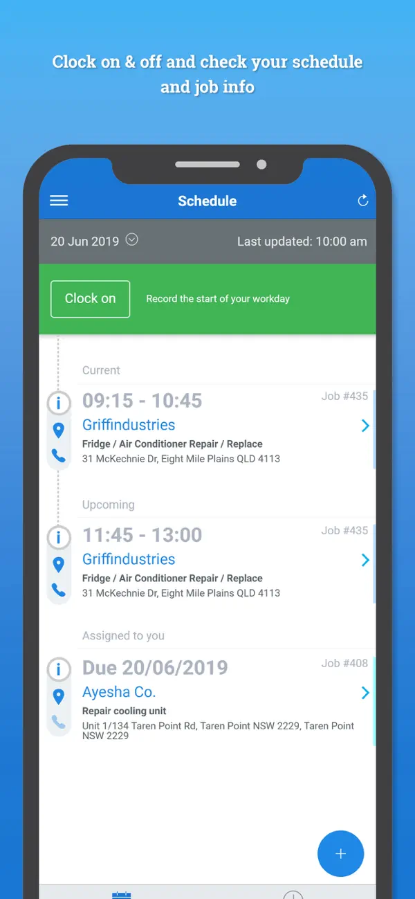 Official Simpro Mobile App Store screenshot showing Clock on, current and upcoming jobs, job times, customer names, service descriptions, addresses, and contact shortcuts
