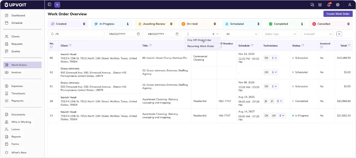 Frame from Upvoit's public work order recording showing status totals, search and date filters, work order types, clients, technicians, invoicing status, and dollar totals