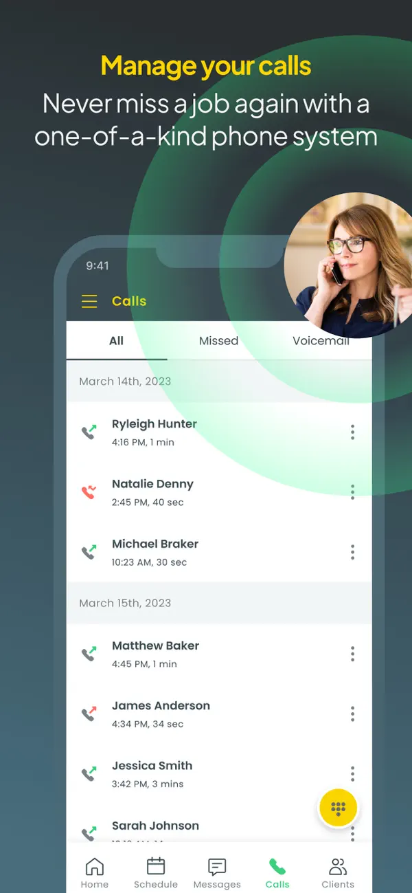 Official Workiz App Store screenshot showing business call history with all, missed, and voicemail tabs, caller names, timestamps, durations, and a dial-pad action