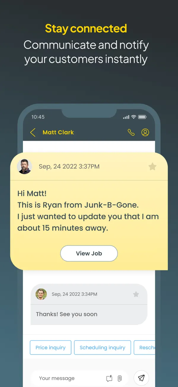 Official Workiz App Store screenshot showing a customer conversation with an arrival update, job link, quick-reply categories, attachment control, and message composer