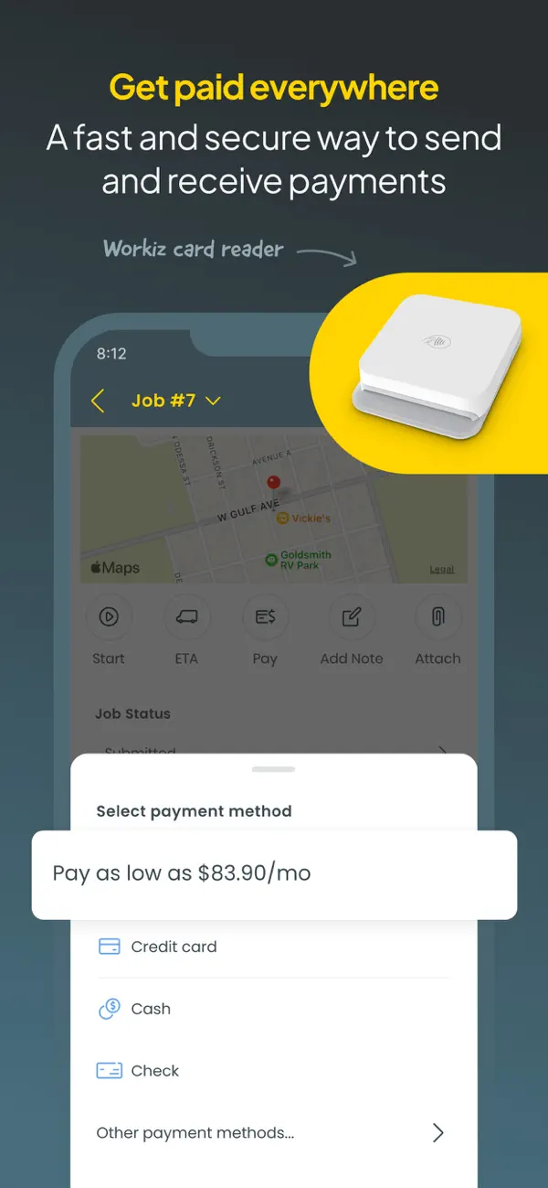 Official Workiz App Store screenshot showing a field job record and payment sheet with credit card, cash, check, financing, and other payment options