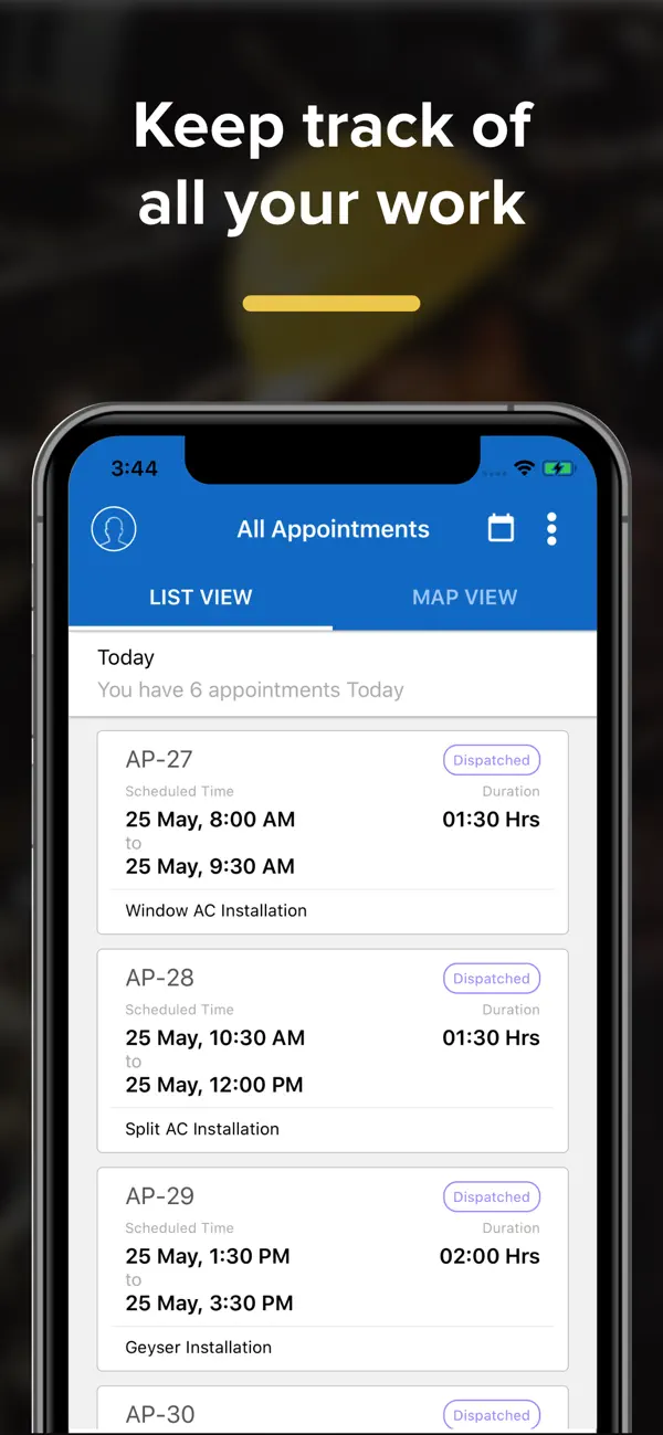 Official Zoho FSM iPhone App Store image showing an All Appointments list with dispatched AC installation jobs, scheduled times, and durations