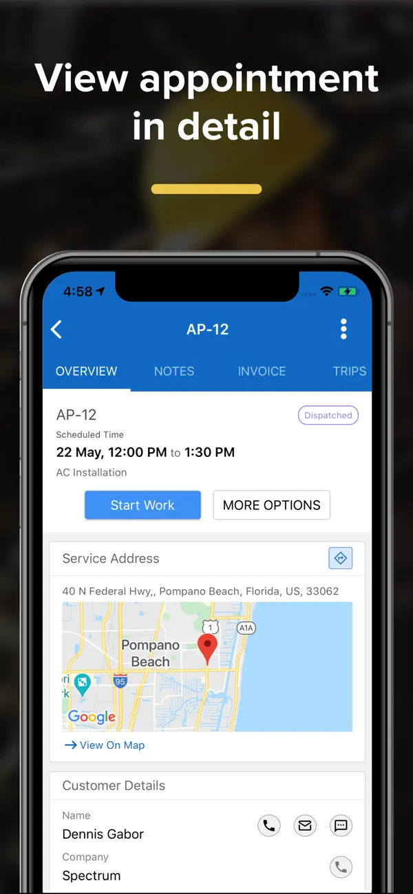 Official Zoho FSM iPhone App Store image showing an appointment overview, Start Work action, address map, and customer call and message controls