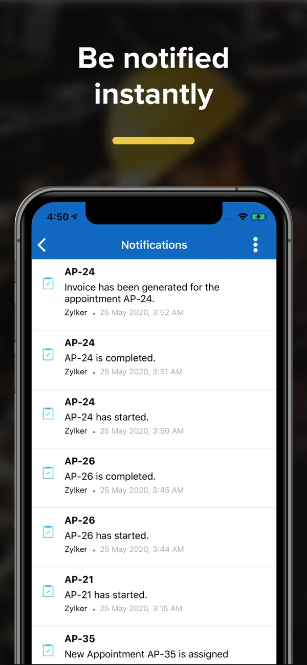 Official Zoho FSM iPhone App Store image showing notifications for assigned, started, completed, and invoiced appointments
