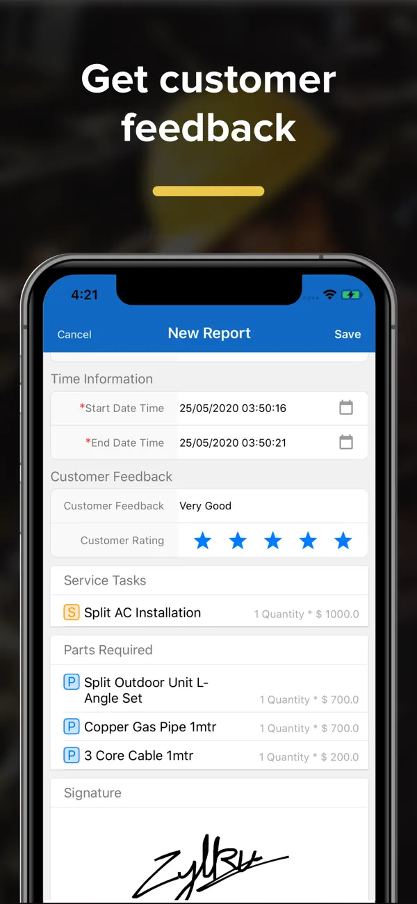 Official Zoho FSM iPhone App Store image showing a service report with time entries, customer feedback, tasks, parts, and signature
